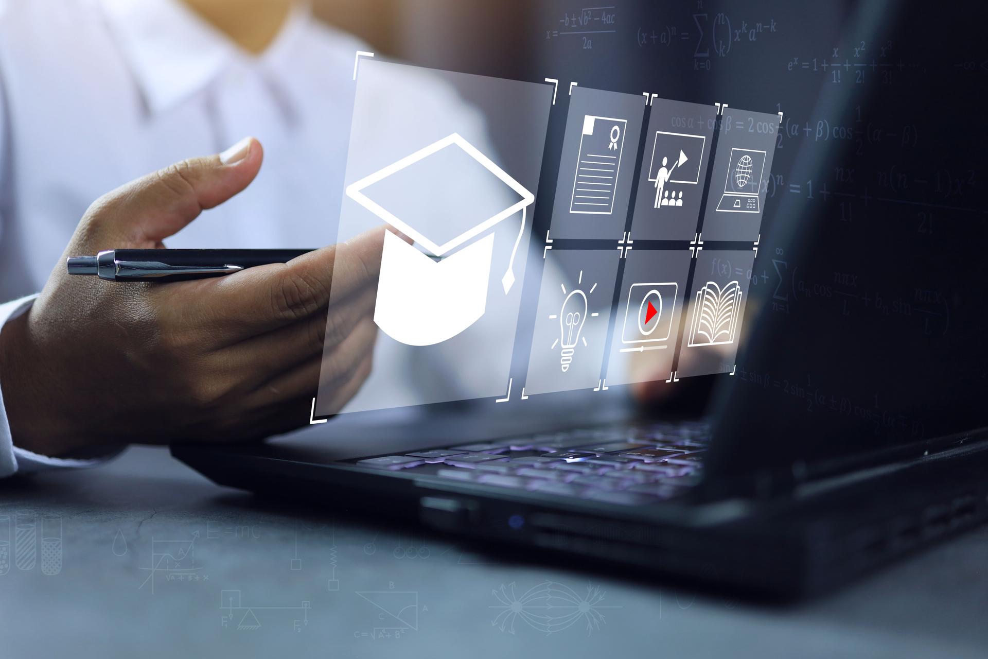 Education online course or E-learning concept. Graduate certificate coaching program Study or teaching by video, Virtual Show graduation hat, e-book icon, Digital courses develop skills thinking idea.